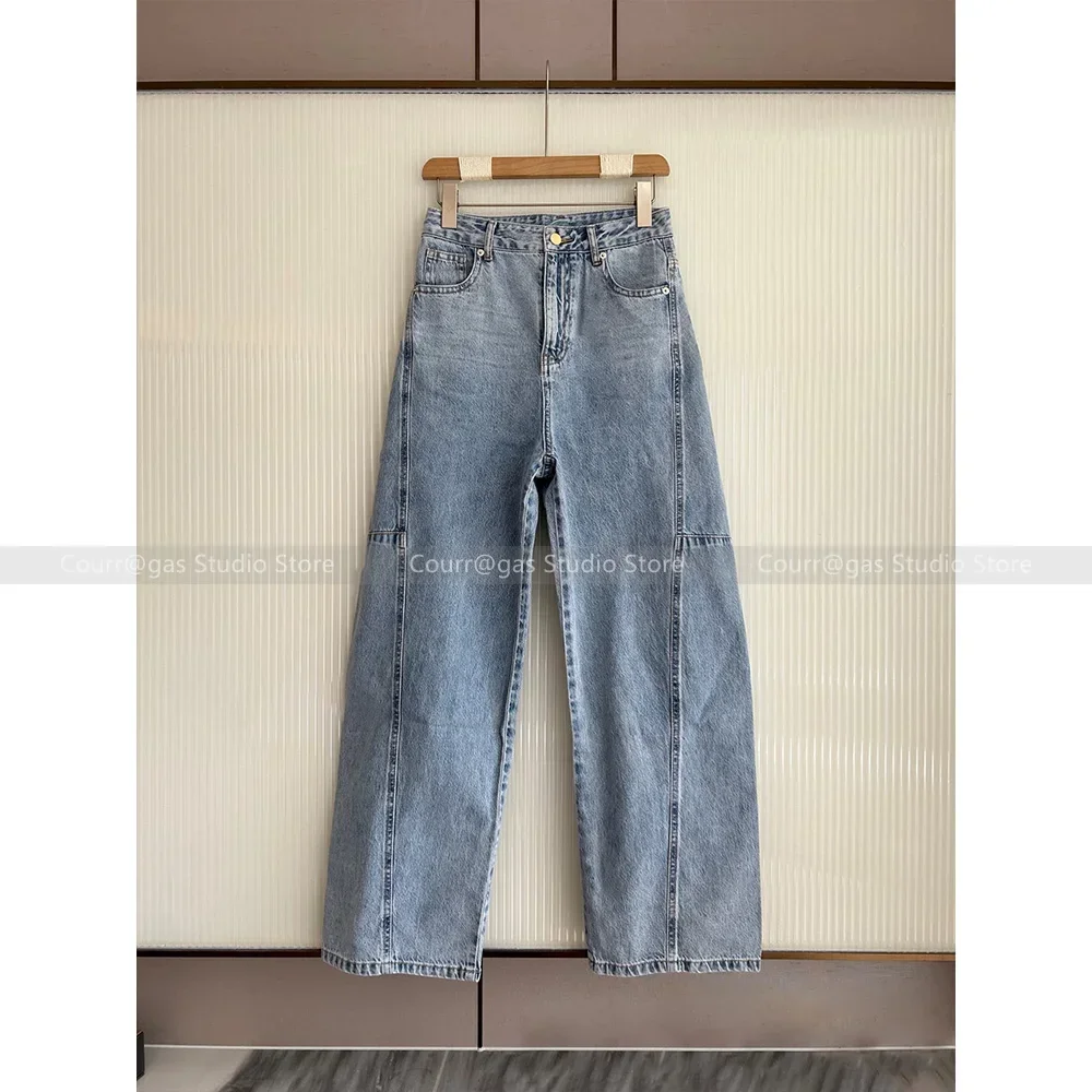 Niche design24 new women\'s minimalist hundred matching three-dimensional cut line sense accent denim wide-leg trousers