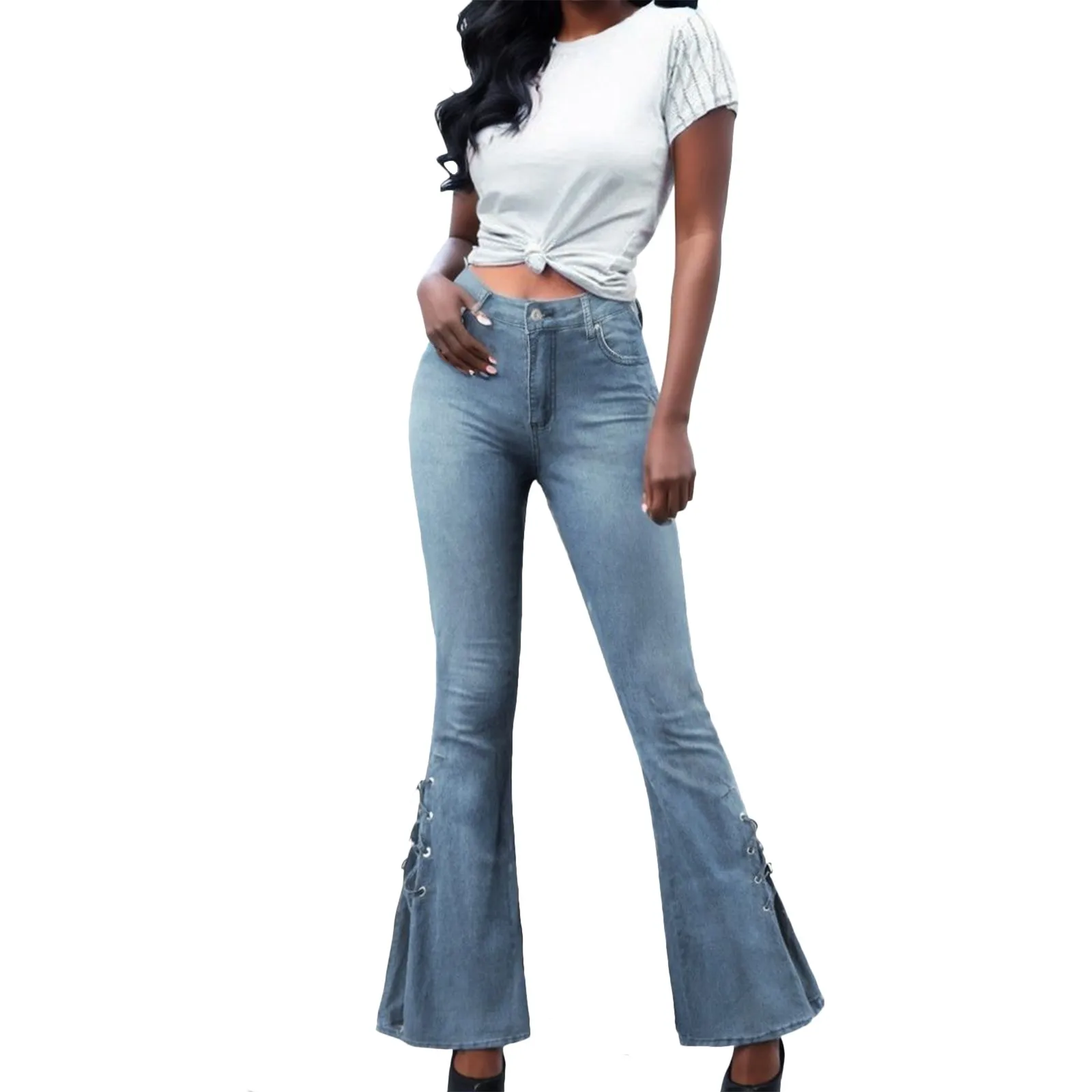 

Vintage Denim Jeans For Women High Waist Jeans Stretch Flare Denim Pants Fashion Side Lace Up Bow Long Wide Leg Denim Jeans