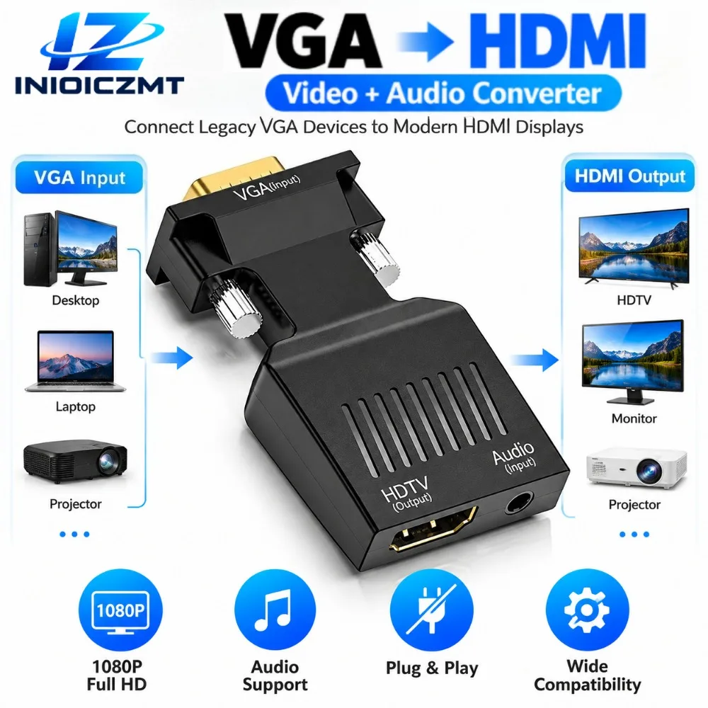 1080P VGA To HDMI-compatible Adapter with 3.5mm Audio Cable To HDTV Projector Video Audio Converter for PC TV Laptop Monitor