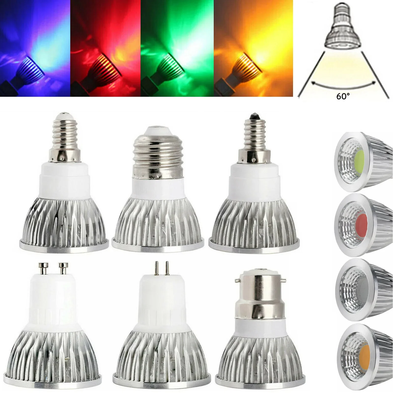 High Power Dimmable LED COB Spotlight Bulb 6W 9W 12W GU5.3 GU10 E27 E14 E12 Red Green Blue Yellow Light Lamps 110V 220V