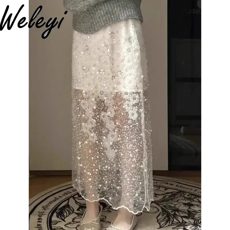 

Elegant White Lace Beaded Sequined Midi Skirt Female 2024 Early Autumn Luxury High Waist Mid-length Skirt Female Trendy Skort