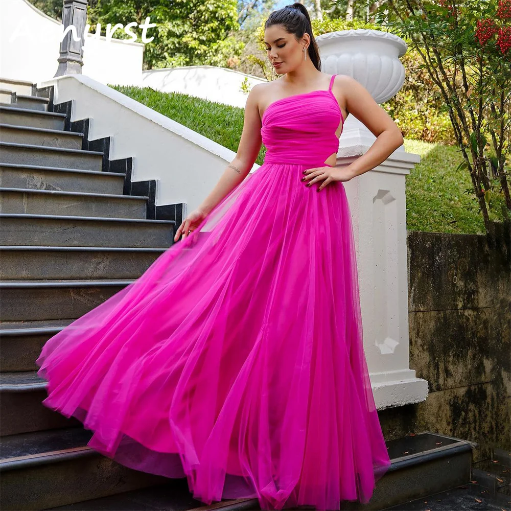 

Aenryst Simple One Shoulder A Line Prom Dresses Tulle Pleated Backless Evening Dress Rose Red Floor Length Formal Occasion Gowns