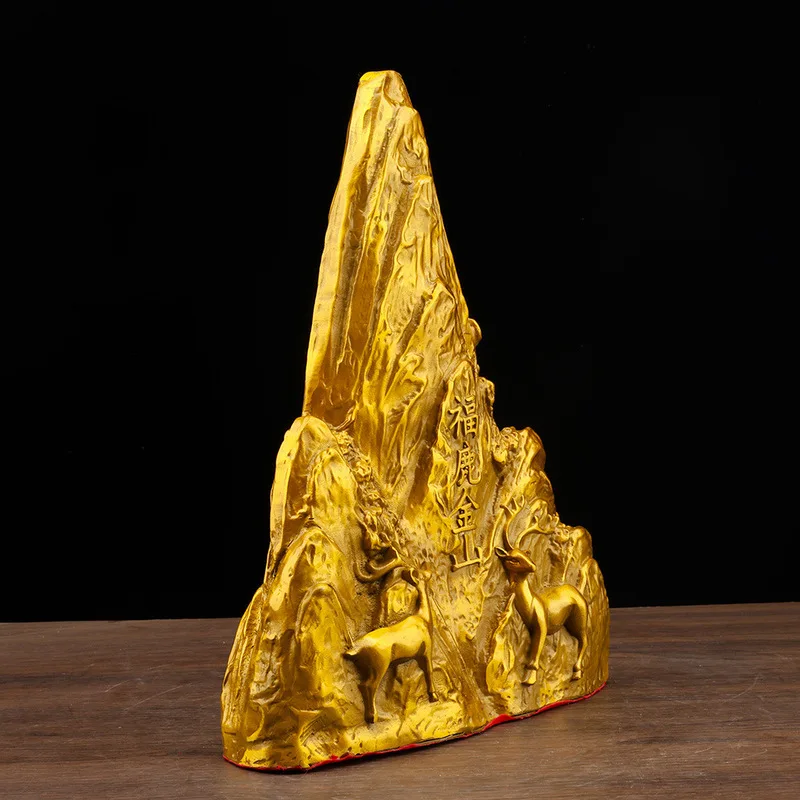 Brass ornaments, including the Double Deer , Yuguang Mountain, and Shigan Dang Stone, are used as a support for