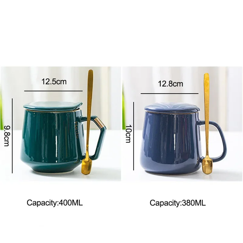 400ml European Style Light Luxury Gold-painted Ceramic Mug Green Coffee Cup with Lid and spoon Milk Cup Holiday gifts For Couple