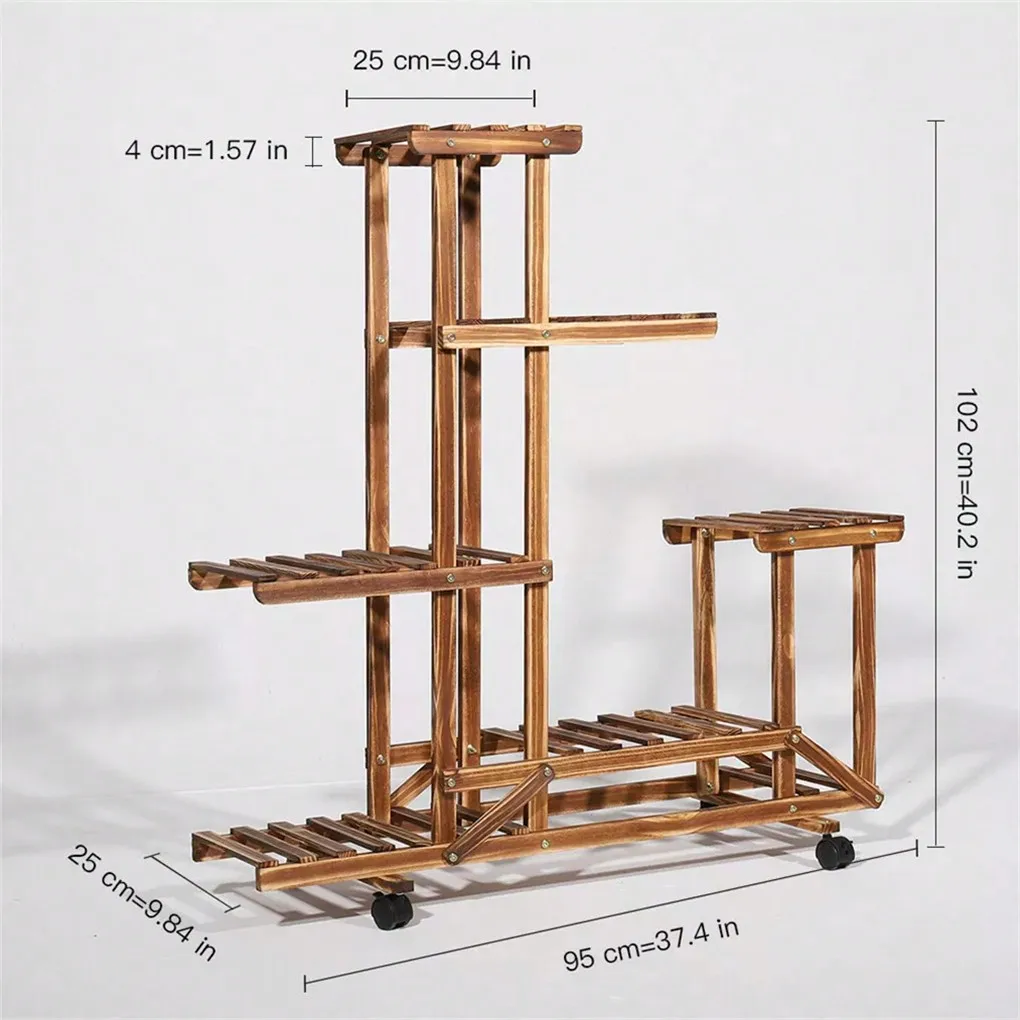6-Tier Rolling Plant Stand Wooden Wheels Indoor Outdoor Display Rack for Patio Garden Balcony Living Room
