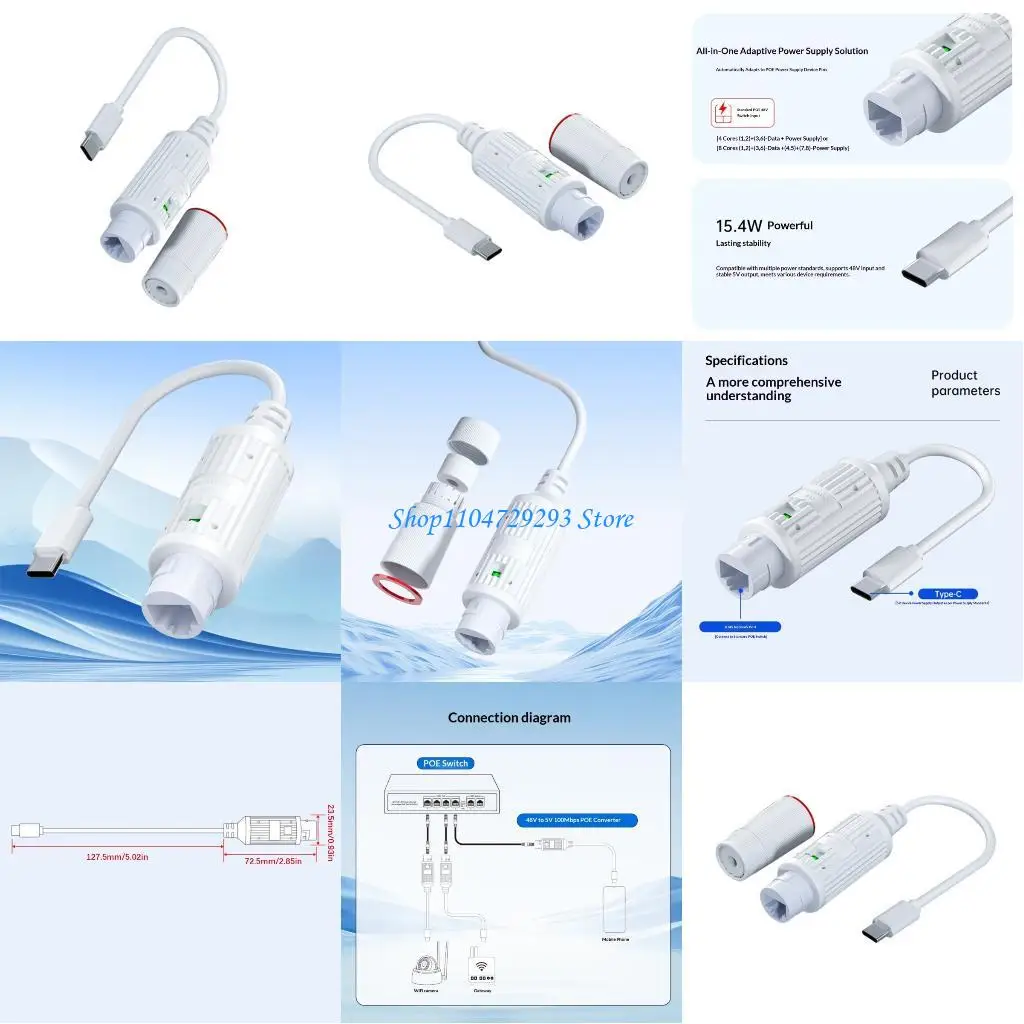 Y2GD 48V to 5V Voltages Converter Type C POE Splitter for Security Camera Systems