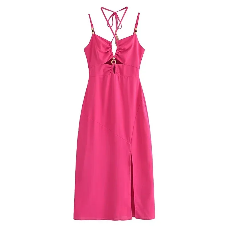 

Летние женские модные платья на бретельках с открытой спиной и разрезом спереди, с v-образным вырезом, женское вечернее сексуальное платье миди