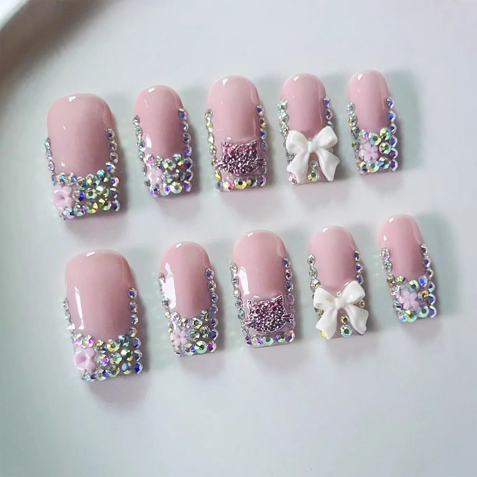 10pcs 3D White Bowknots Press On Nails Handmade Full Shiny Rhinestone French Style False Nails Light Luxury Sweet Fake Nail Tips