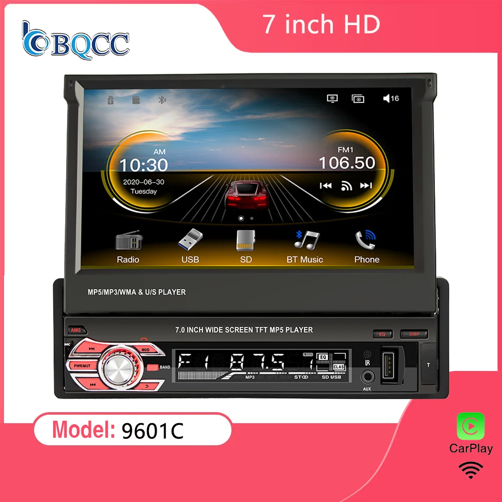 

BQCC 1DIN 7-inch car radio CarPlay multimedia player IPS touch screen mobile phone interconnection HD reversing camera input