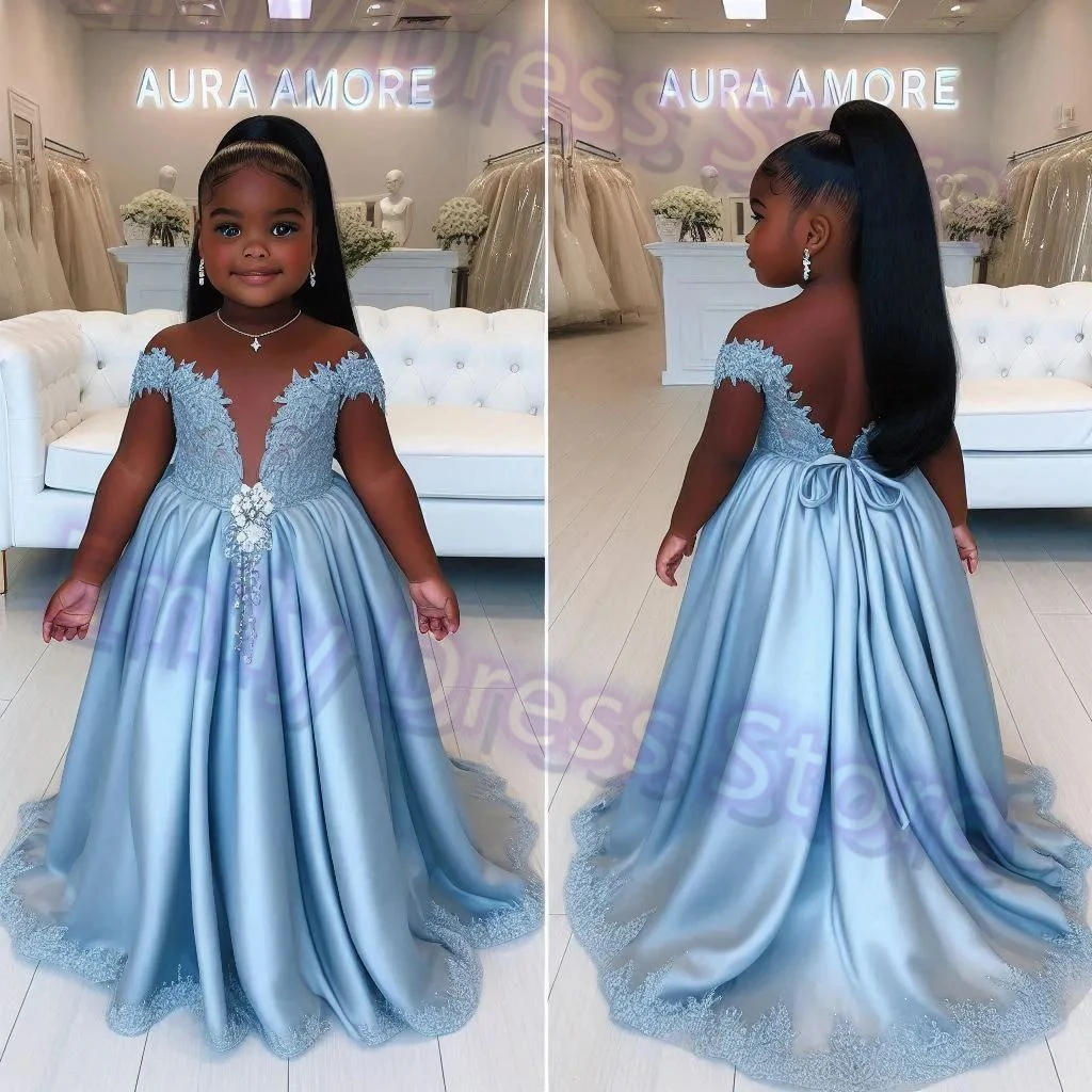 Customized Blue Flower Girl Dress For Wedding Satin Puffy Lace 3d Applique Luxury Baby Kids Birthday First Communion Gown