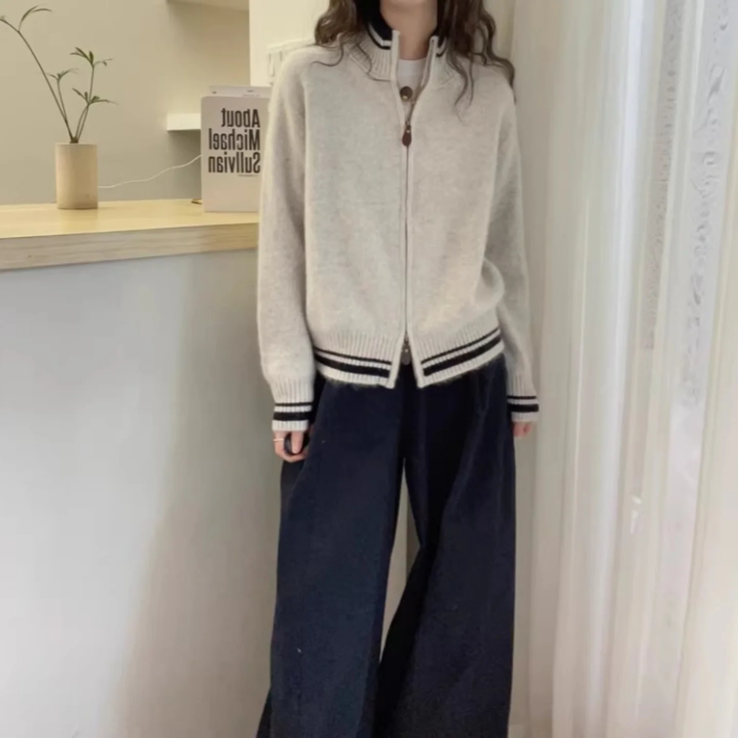 New 100% Australian wool knitted women's cardigan semi high neck sweater color blocked versatile autumn and winter long sleeved