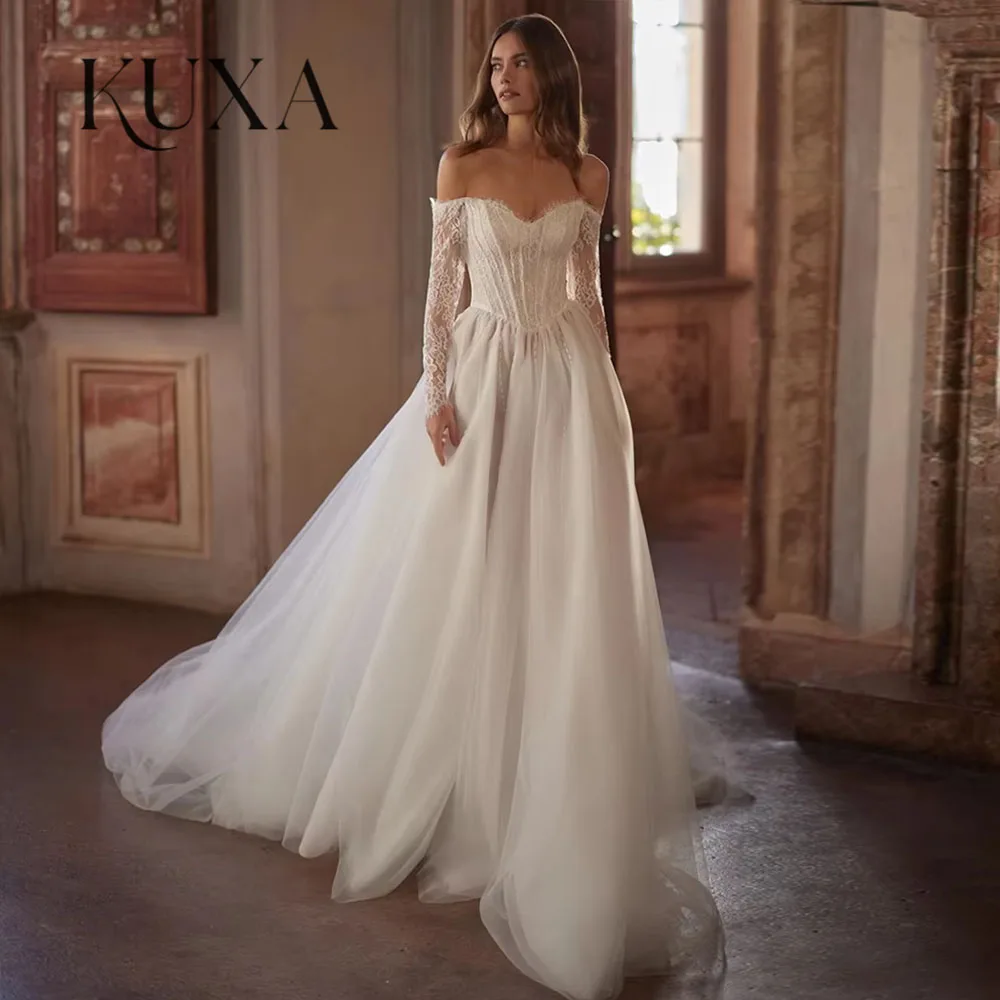 KUXA Customized Sexy Corset Wedding Dress New Arrival Sweetheart Long Sleeves Beading See Through Applique Tulle Bridal Gown