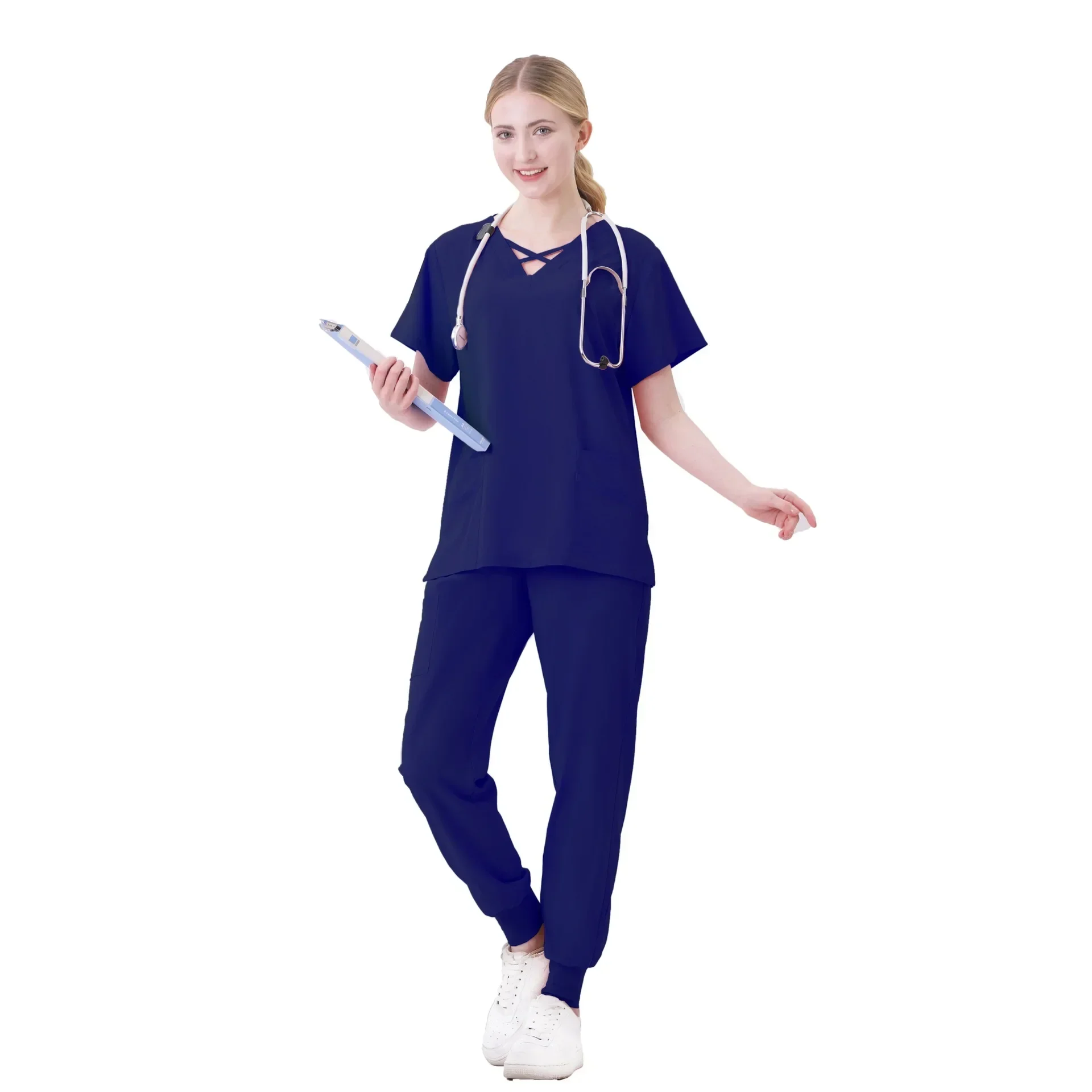 Hospital Doctor Nursing Uniform Women Wholesale Casual Short Sleeved V-neck Jogger Suits Nurse Pharmacy Working Medical Uniforms