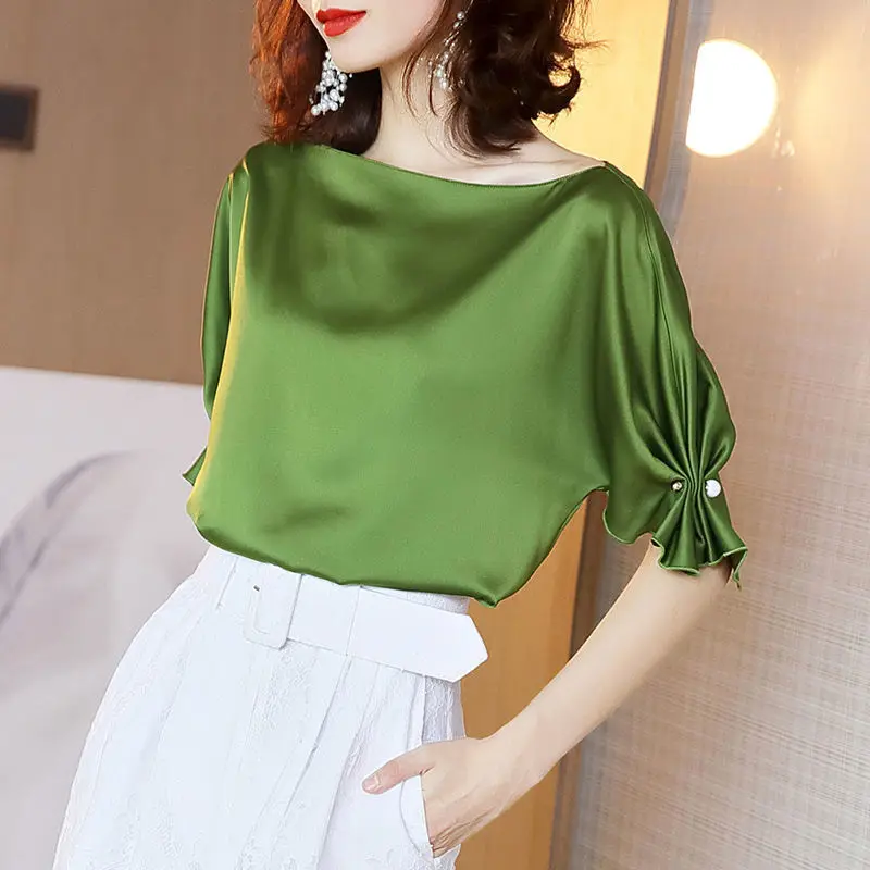 

Green Stain Solid Color Shirt Spring Summer Fashion Blouse 2023 Round Neck Long Sleeve Elegant Shirt Korean Style Tops for Women