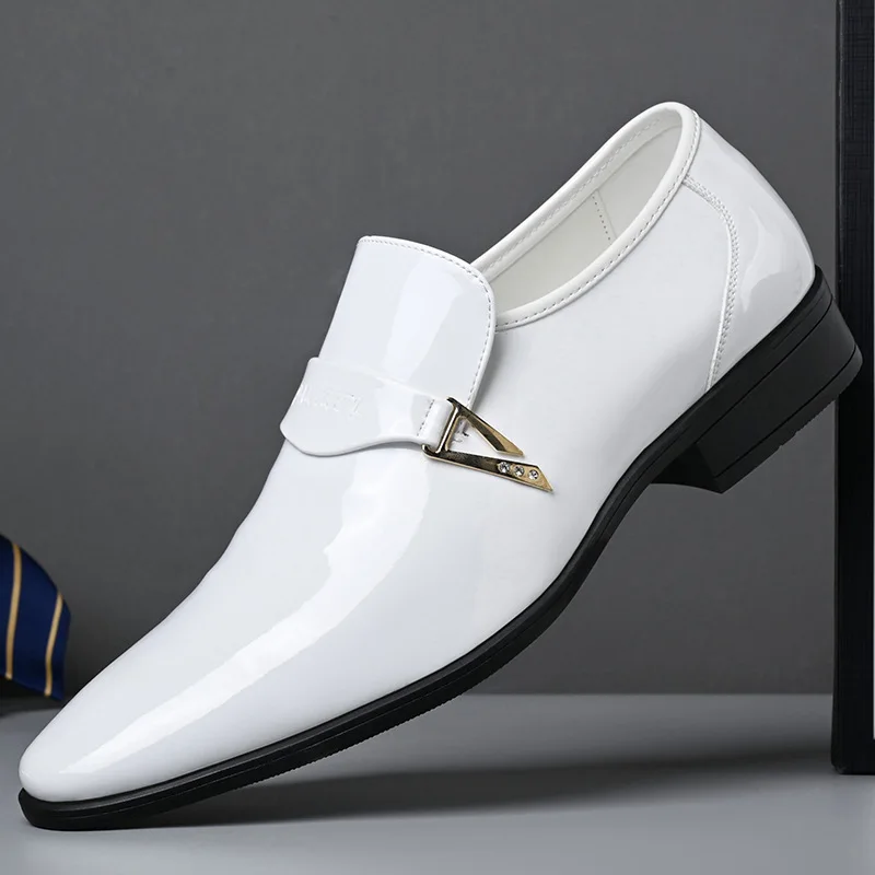 White Leather Shoes for Men 2025 New Patent Leather Business Men Casual Shoes Slip on Party Dress Footwear Pointed Toe Loafers