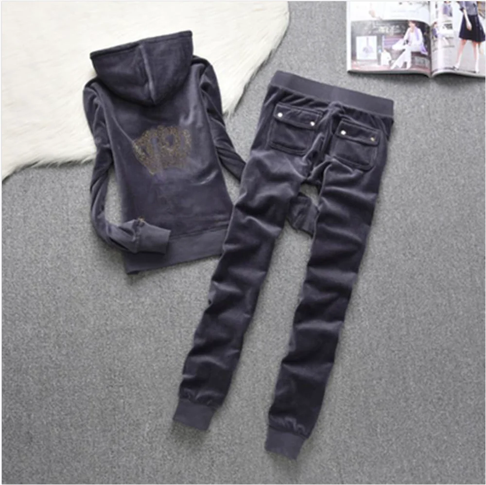 Juicy Cometure Velvet Tracksuit Women Hooded Sports Suit Winter Sports Suit Metal Three-Dimensional Decoration Women Clothing