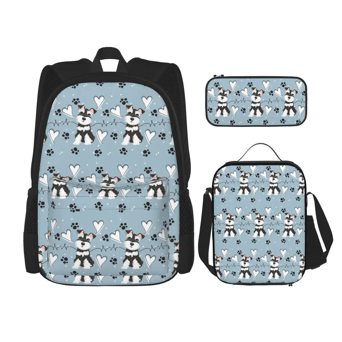 Love Black And White Miniature Schnauzer Backpacks Students Bookbag School Bags Rucksack Lunch Bag Pen Bag Three-Piece Set