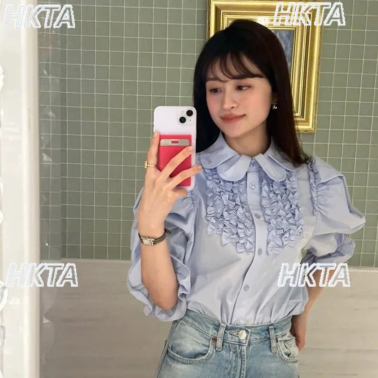 Chemise blanche à manches courtes pour femmes japonaises, col de poupée, poitrine, bord champignon, bulle, hauts pour les déplacements, chemisiers Lolita amples, automne