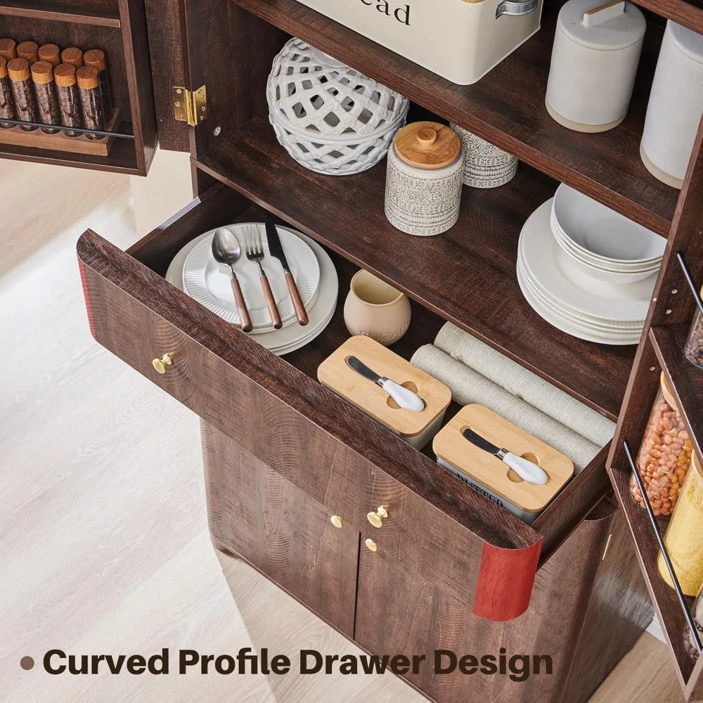 71인치 높이 주방 팬트리, 모던 곡선형 팬트리 수납장 (4개 도어, 6개 조절 가능 선반 포함), 주방용 찬장, 식탁용