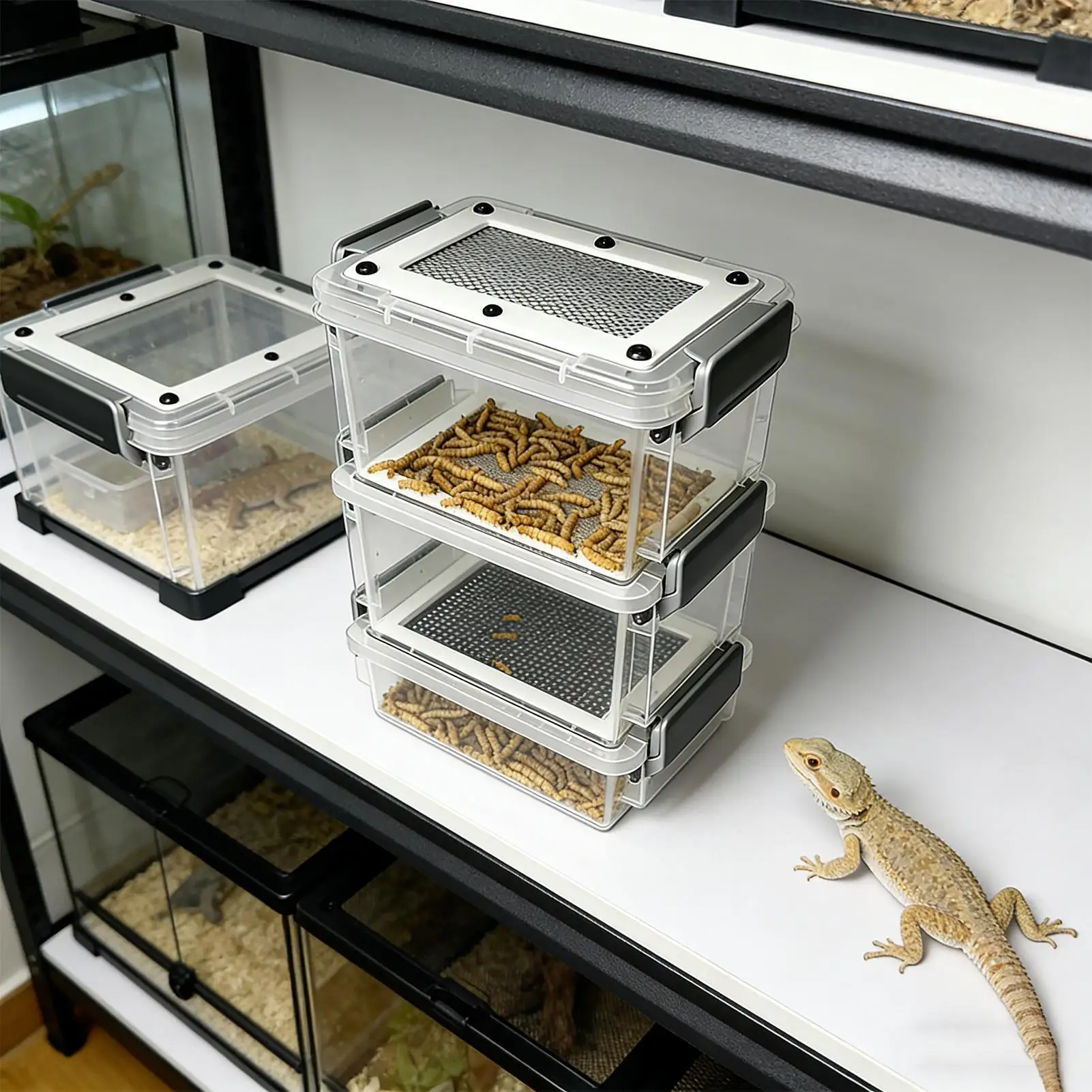 Mealworm Breeding Box Double-Mesh Filter and Ventilation Box Stackable Mealworm Feeder Bin for Pet Parents Animal Lovers