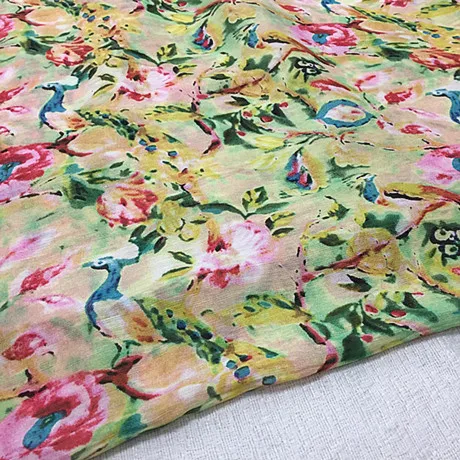 

2Meter Oil Painting Forest Wide Silk Linen Fabric Mulberry Silk Clothing Dress Shirt Summer Breathable Fabric 15 Momme