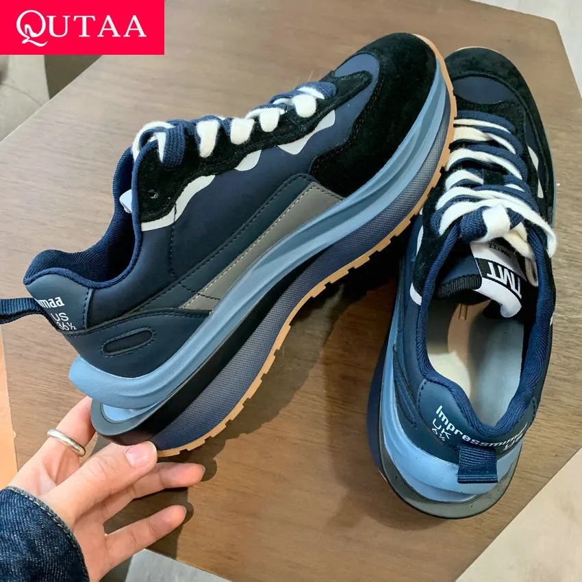 QUTAA 2022 Platform Cow Leather Casual Women Sneakers Spring Mixed Color Round Toe Lace Up Fashion Ladies Shoes Size 35-39