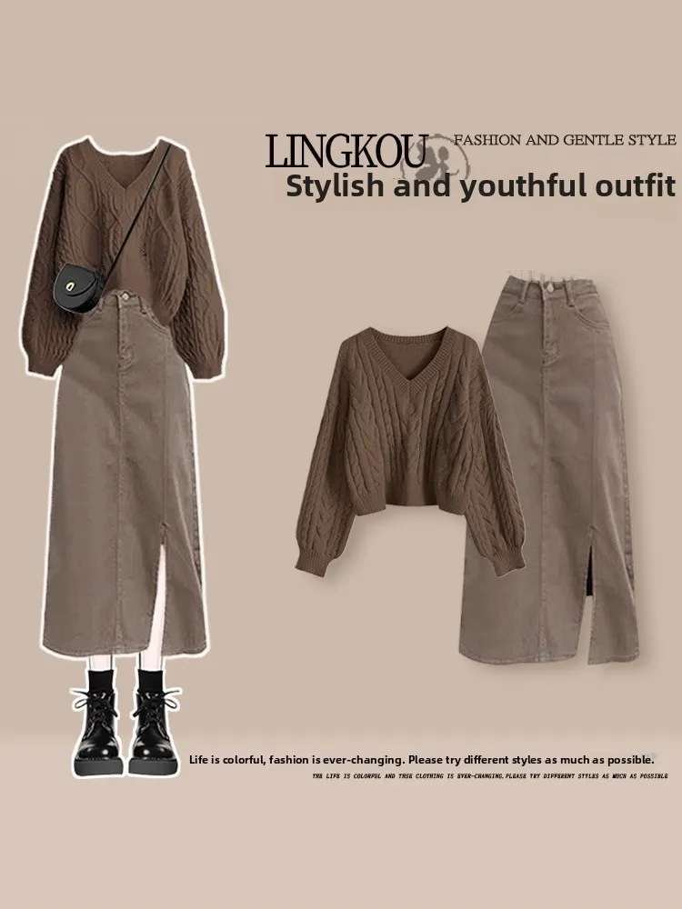 Vroege herfst vintage damesfaion-set met V-hals trui en spijkerrok met split, middeldun lang Sve-T-shirt