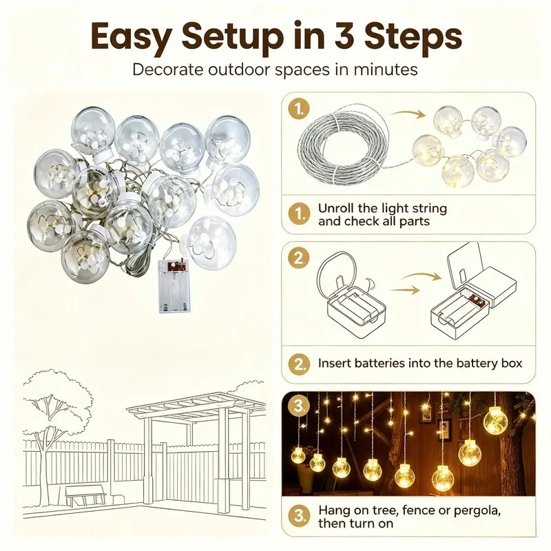 Outdoor LED Water Drop Ball Lights, Battery Operated Bubble Globe String Lights for Courtyard Christmas Party Decor