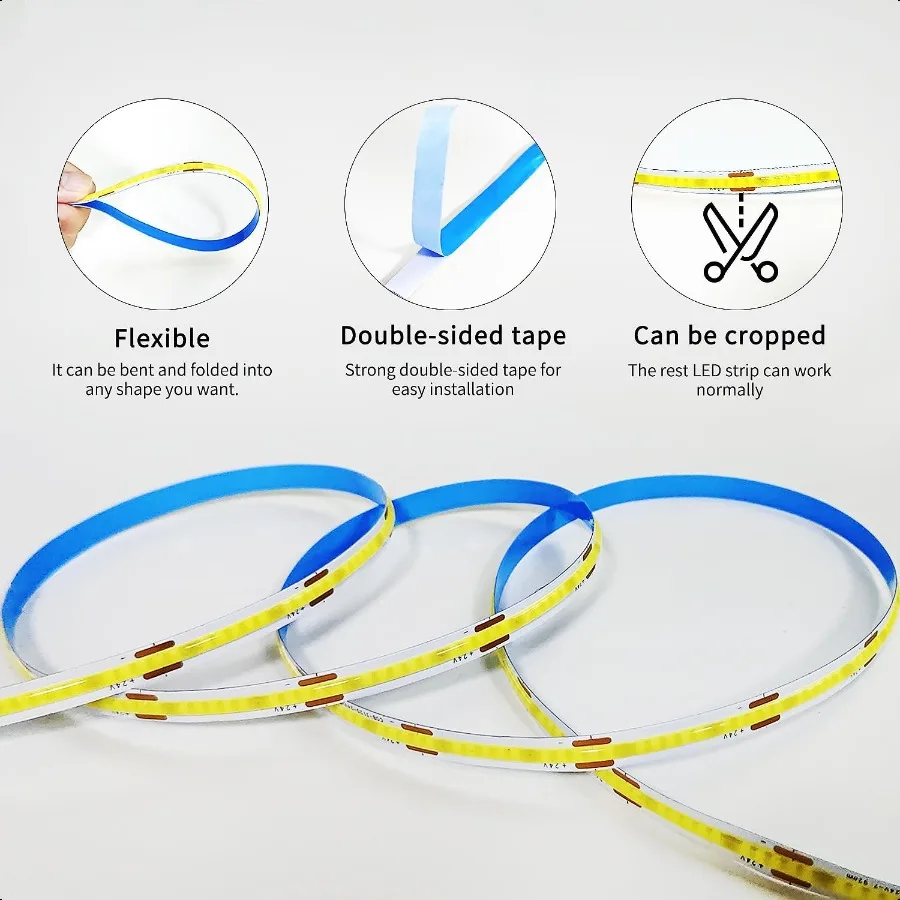 Bande lumineuse LED COB 50ft6000K DC 24V, variable, blanche, Flexible, pour chambre à coucher, avec télécommande et contrôle par application