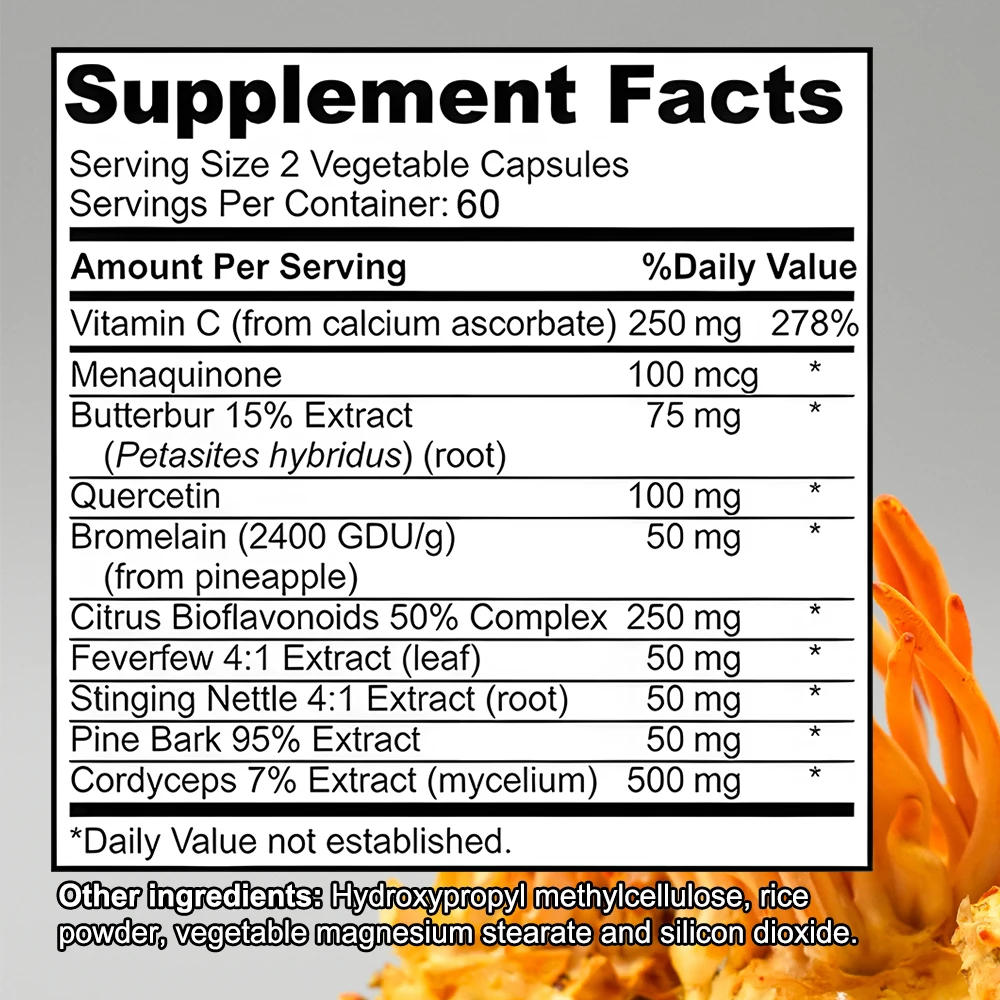 

Cordyceps Capsules - with Vitamins, Quercetin, Boosts Energy and Stamina, Enhances Memory and Concentration, Lung Health