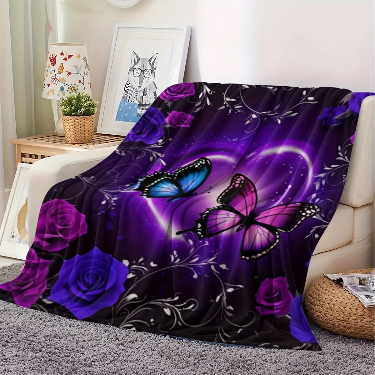 1pc Charming Purple Butterfly Rose Floral Print Flannel Blanket - Soft Warm Tear-Resistant All-Season Home Decor, Perfect Gift f