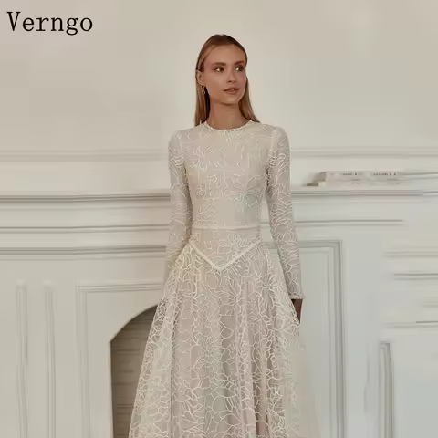 Verngo lvory Lace Evening Dress O Neck Full Sleeves A Line Formal Occasion Dress Elegant Modest Prom Gowns Customized