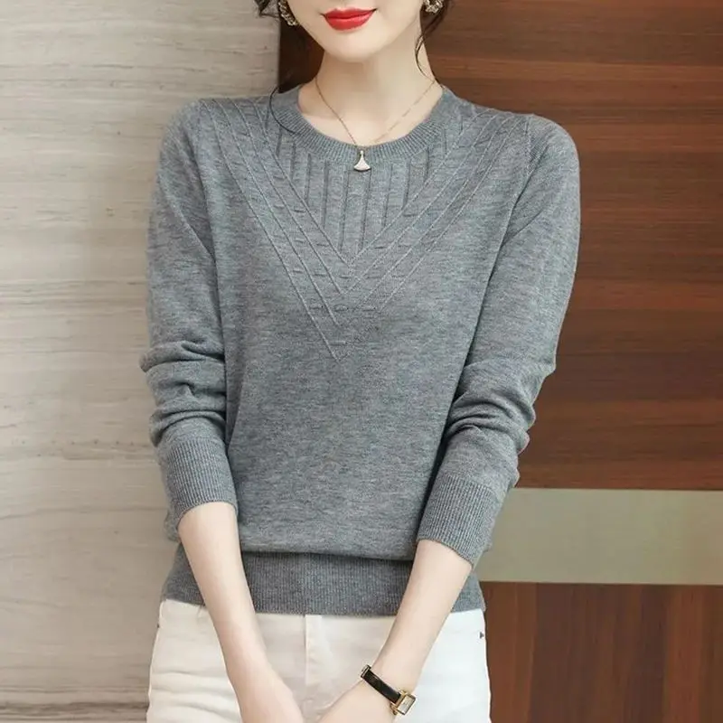 Round Neck Screw Thread Women\'s Clothing Autumn Winter Solid Color Pullover Sweater Knitted Elegant All-match Flattering Tops