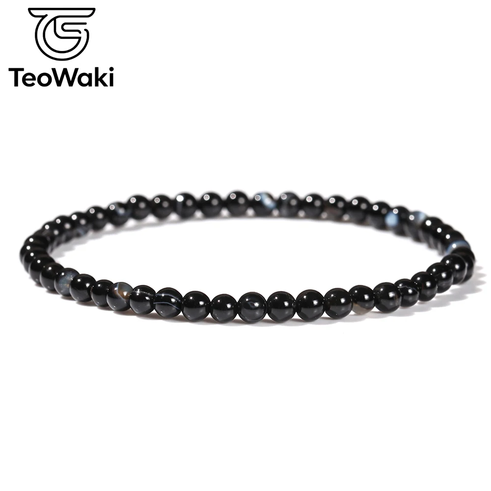 TeoWaki Natural Stone Bounce Bracelet Black Stripe Agate Bracelets for Women Men Elastic Rope Bangle Daily Jewelry Gift 19cm