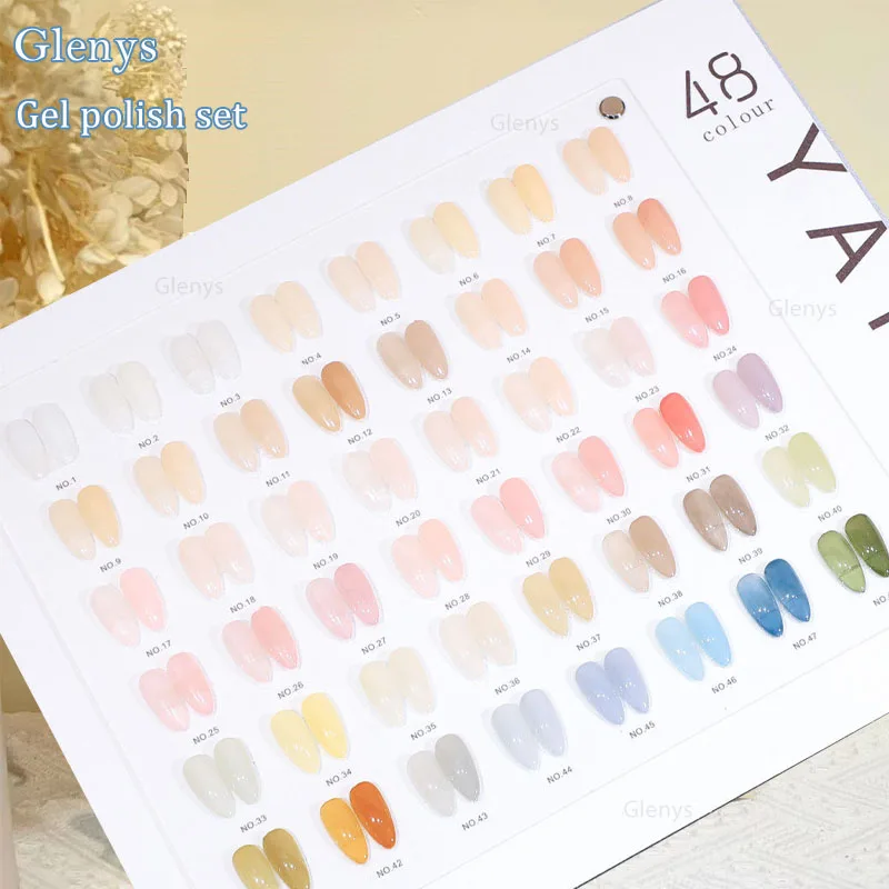 Glenys 48 Color Four Season Jade Lip Ice Penetrating nail polish Tape Color Card Soaking gel Nail Art Varnish Set 15ml