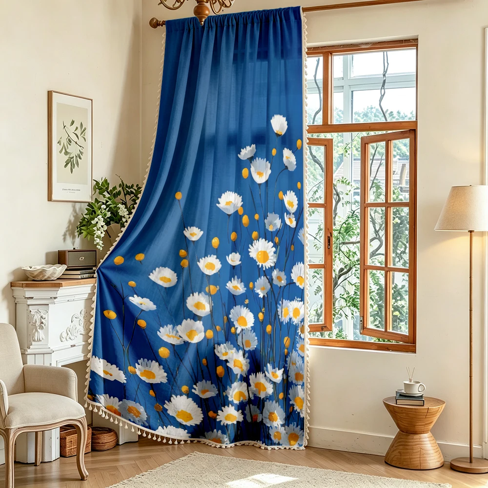 1PC Floral Tassel Sheer Curtains, Blue White Daisy, Digital Print, Polyester, Bedroom Living Room, Rod Pocket, Home Decor