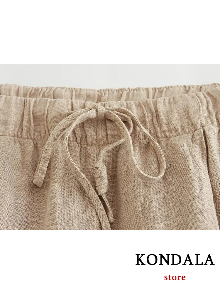 KONDALA Streetwear Khaki Linen Suits Women Sleeveless Halter Sexy Crop Tops Women+High Waist Wide Leg Pants Fashion 2023 Sets