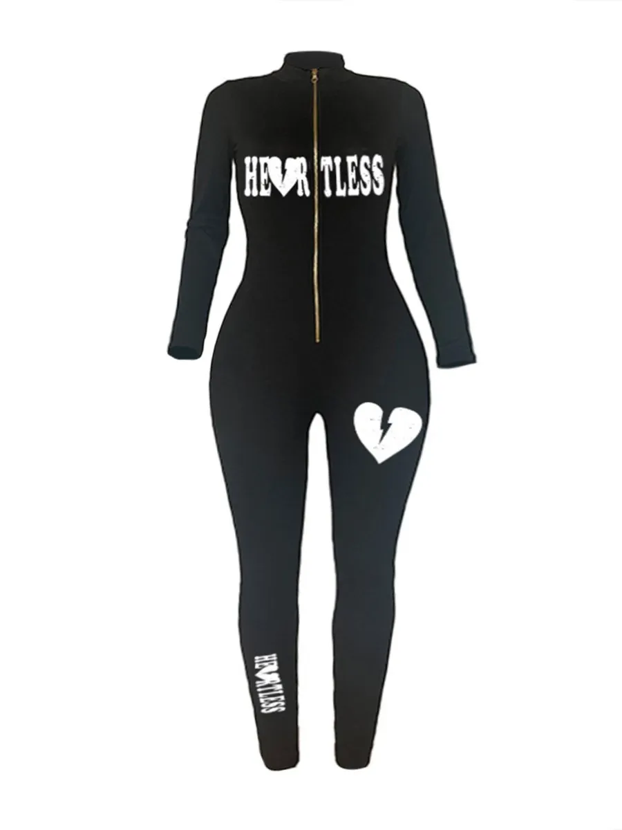LW Plus Size Woman Zipper Jumpsuits Letter Print Skinny Jumpsuit Sexy Streetwear Casual Rompers Sportswear Jumpsuit
