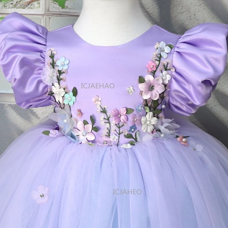 2026 New Kids Gown Princess Bubble Sleeves Children Girls Puffy Skirt Formal Party Costume Printed Tulle Dress Piano Performance