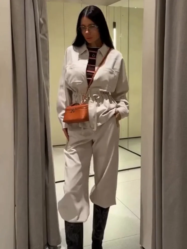 

HH Autumn Women Pocket Long Sleeves Belt Lapel Zipper Coat+High Waist Elastic Waist Drawstring Wide Leg Pants Chic 2-Piece Set