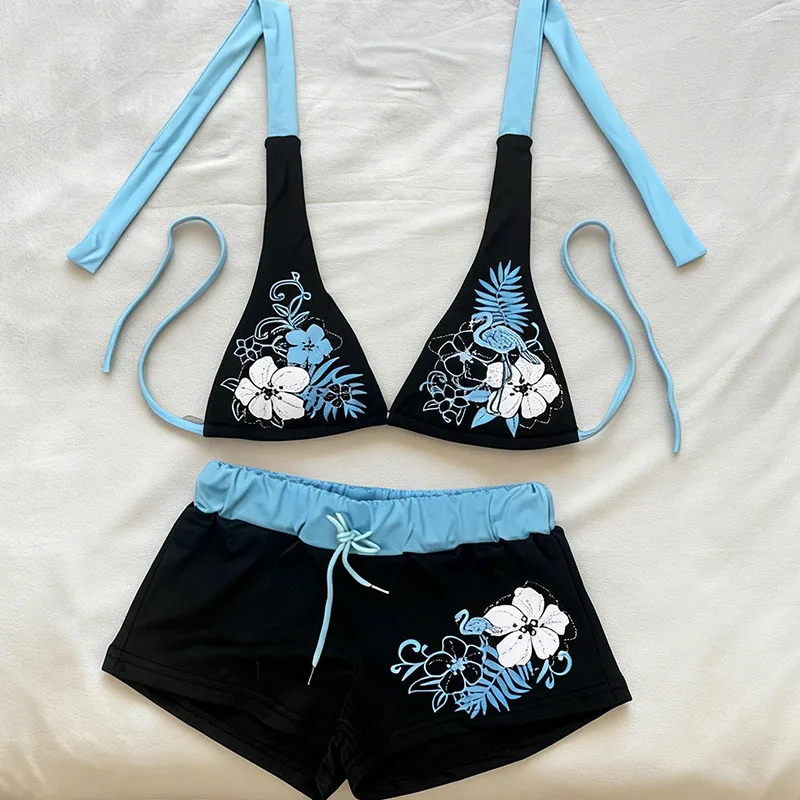 Contrasting Flower Printed Chest Pad Bikini Y2K Sexy Spice Girl European American Temperament Aesthetics Suspender Swimsuit Suit