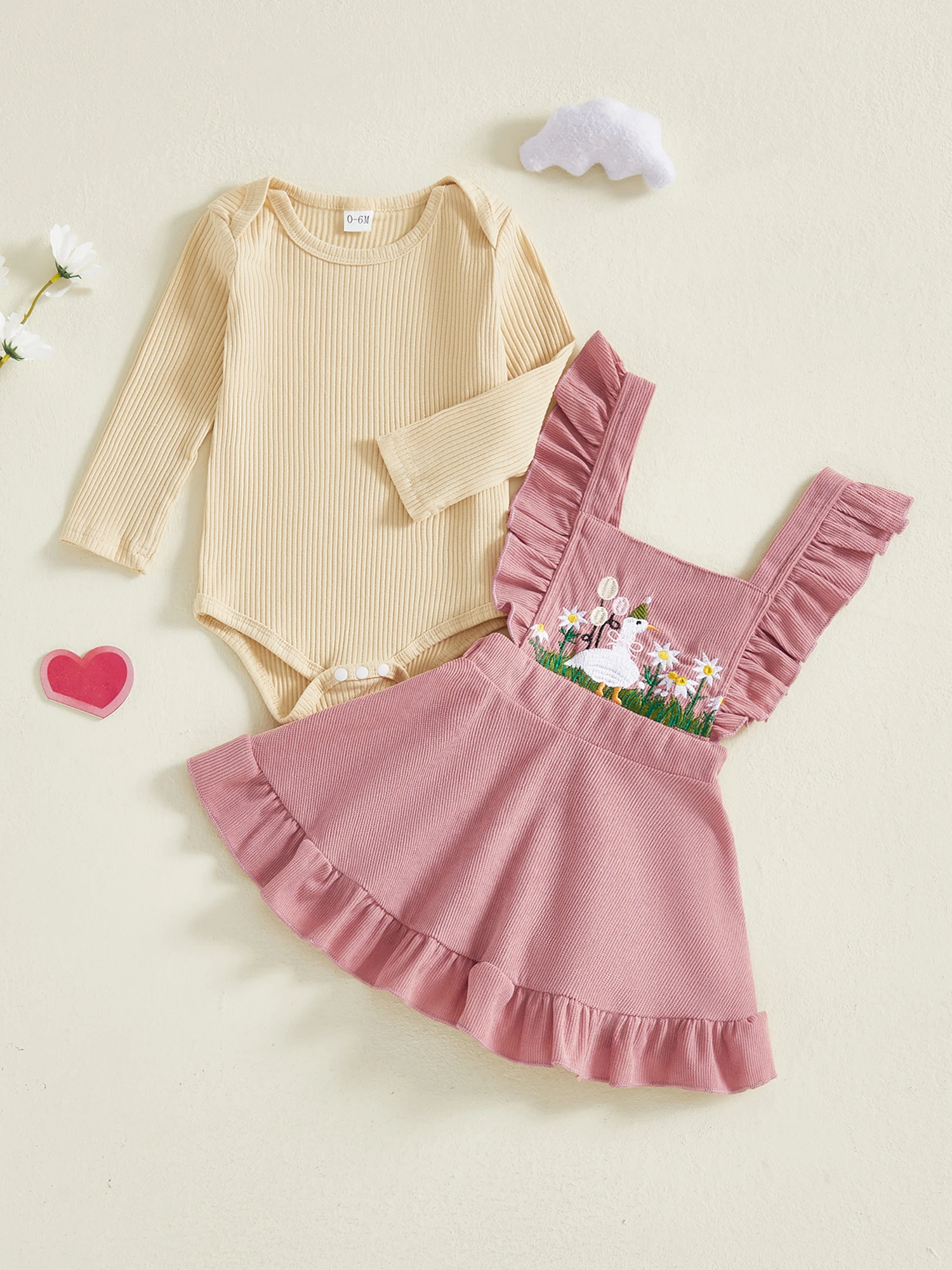 

Infant Girls 2-Piece Autumn Ensemble with Long Sleeve Bodysuit and Embroidered Overall Dress - Newborn Apparel Collection
