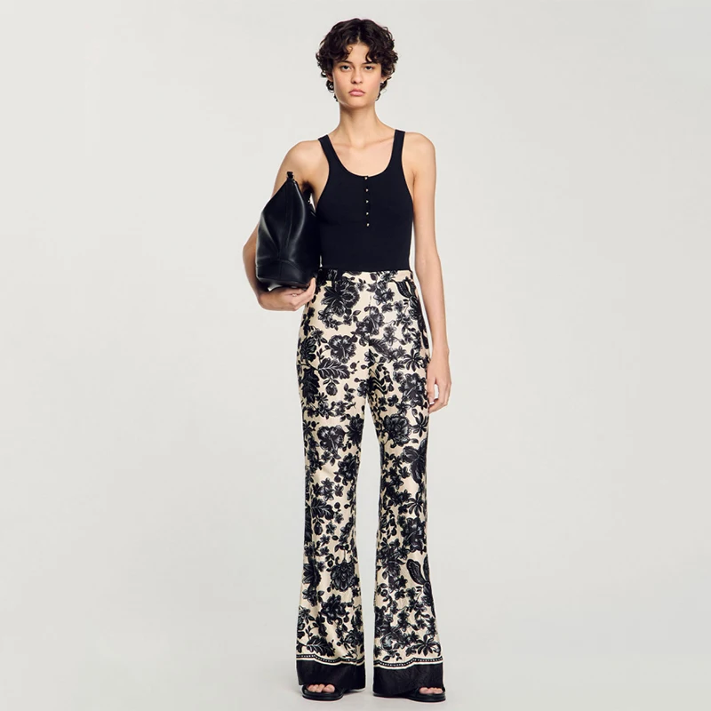 

Ele Plant Print Flared Pants for Women Early Spring New Sle Bla White Casual Straight Leg Trousers by S Home