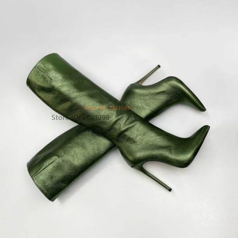 

Grass Green Leather Thin Heeled Pointed Toe Women Knee Length Boots Fashion Super High Heel Pointy Nightclub Sexy Long Boots
