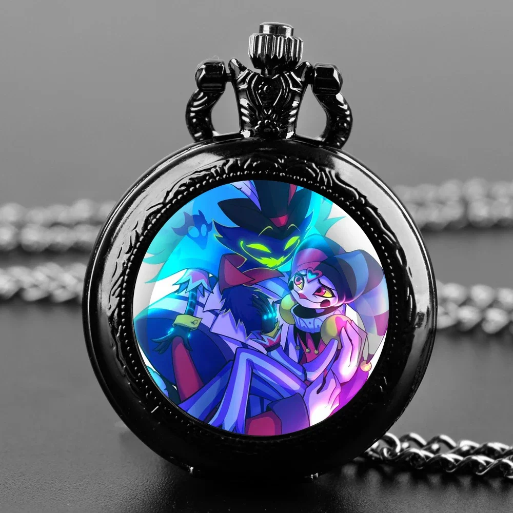 

Helluva Boss Moxxie&Millie Glass Dome Pocket Watch with Chain Necklace Vintage Quartz Pendant Watches Mens Women Gifts for Kids