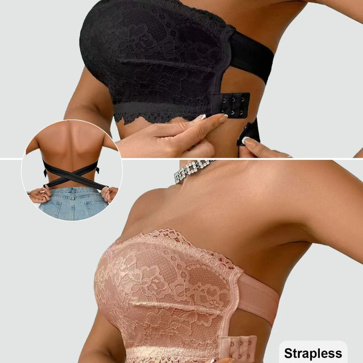 Strapless Lace Side-fastening Bra Strapless Breathable Bra Without Padding for Wedding Dresses Anti-exposure Sexy Strapless Bra
