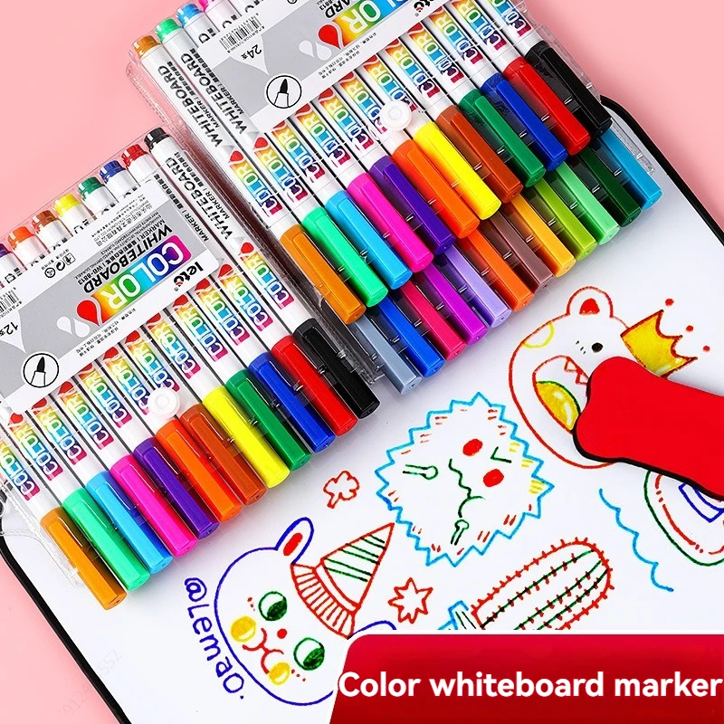 12/24Colors Dry Erase Markers Whiteboard Marker Pen Office School White Board Stationery Fine Tip Colored Pens