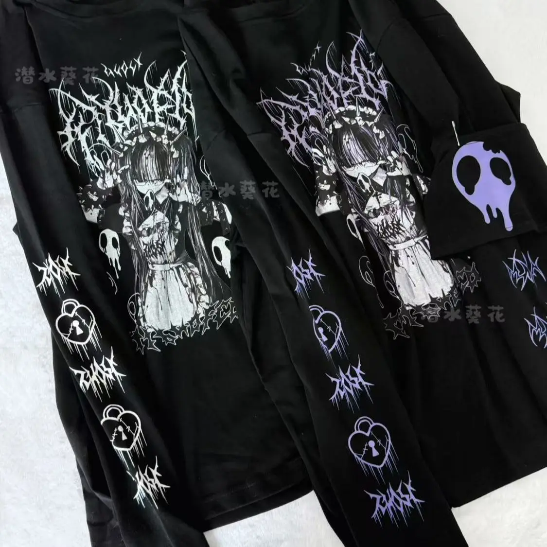 الأصلي طاقم الرقبة الأسود Y2K كم طويل تي شيرت اليابانية ثقافة فرعية أنيمي طباعة تي شيرت ربيع الخريف جديد فضفاض تنوعا القمم