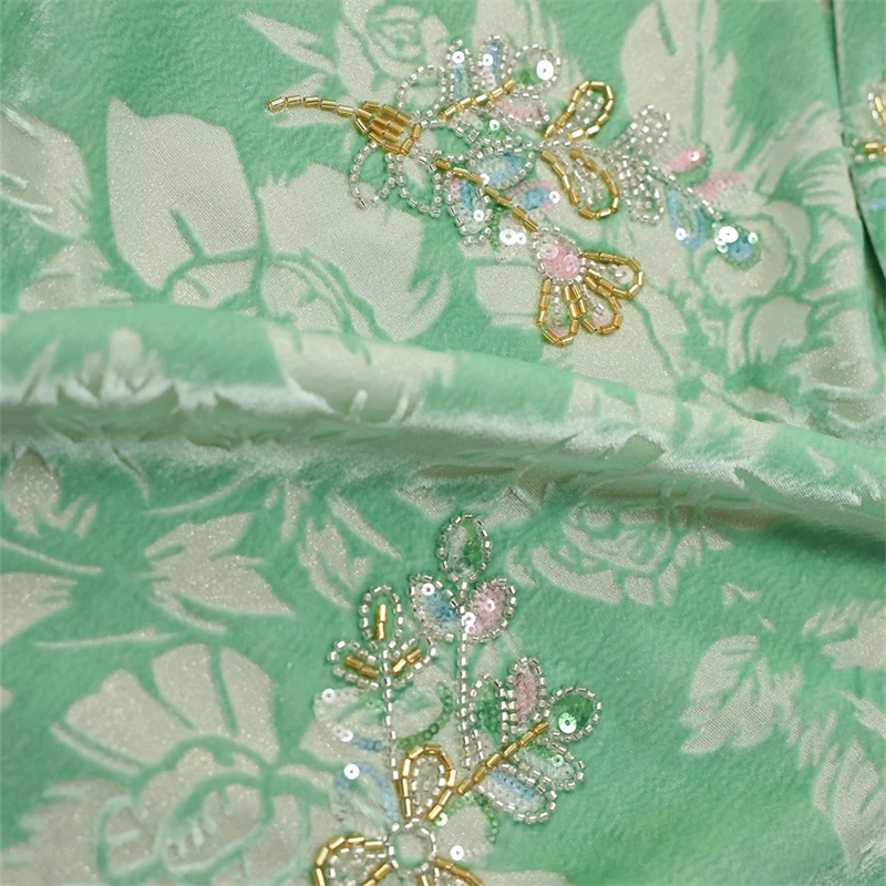 Light Green Silk Distressed Velvet Composite Nail Bead Embroidery High-end Handmade Sewing Vest Dress Brand Designer Silk Fabric