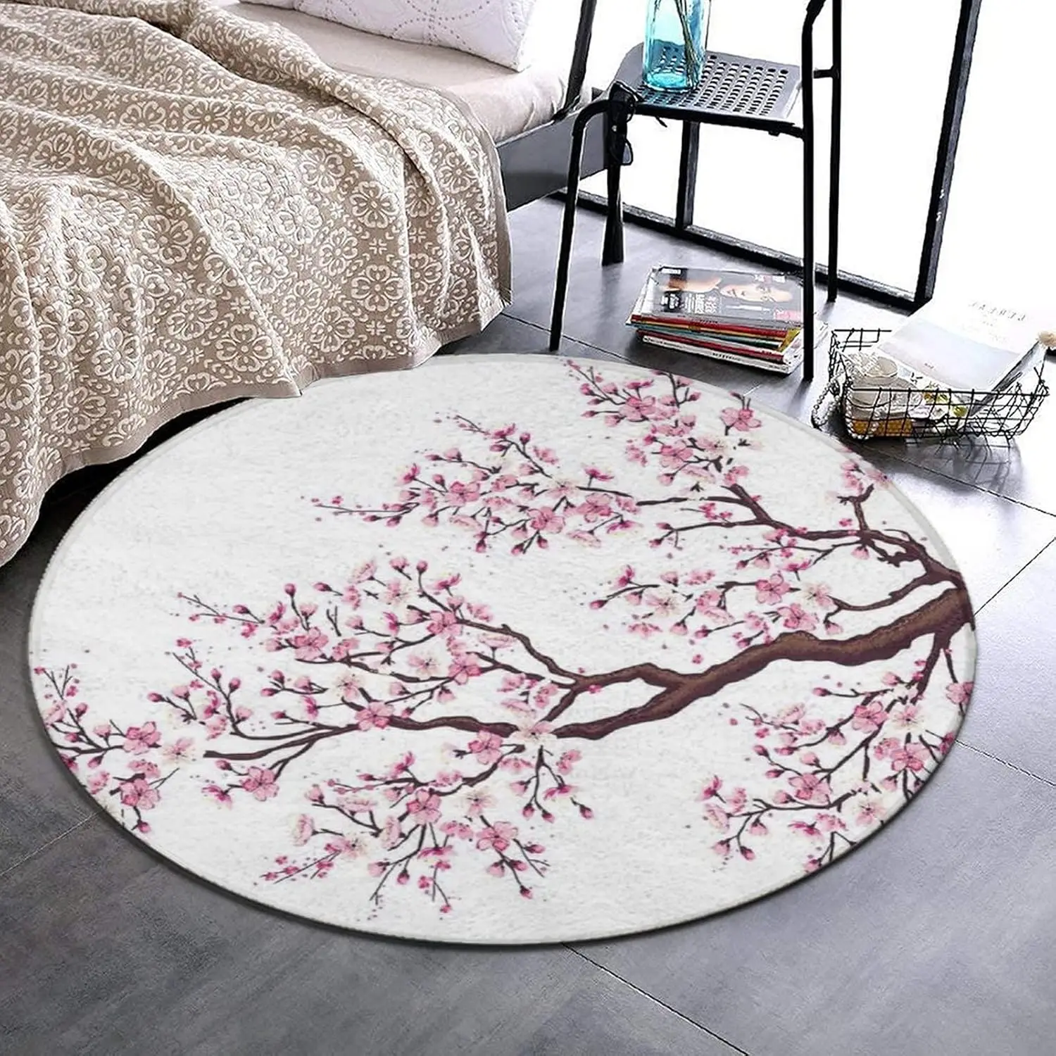 Cherry Blossom Branch Round Rug Pink Flowers on White Background for Serene Decor